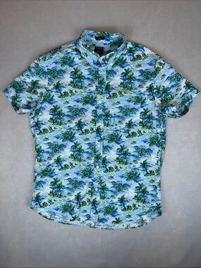 J. Crew Factory Blue and Green Tropical Button-Down Casual Shirt Slim Fit Size L